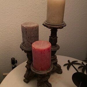 Tiered Bronze Metal Candle Holders & 3 Pillar Candles (Shown)